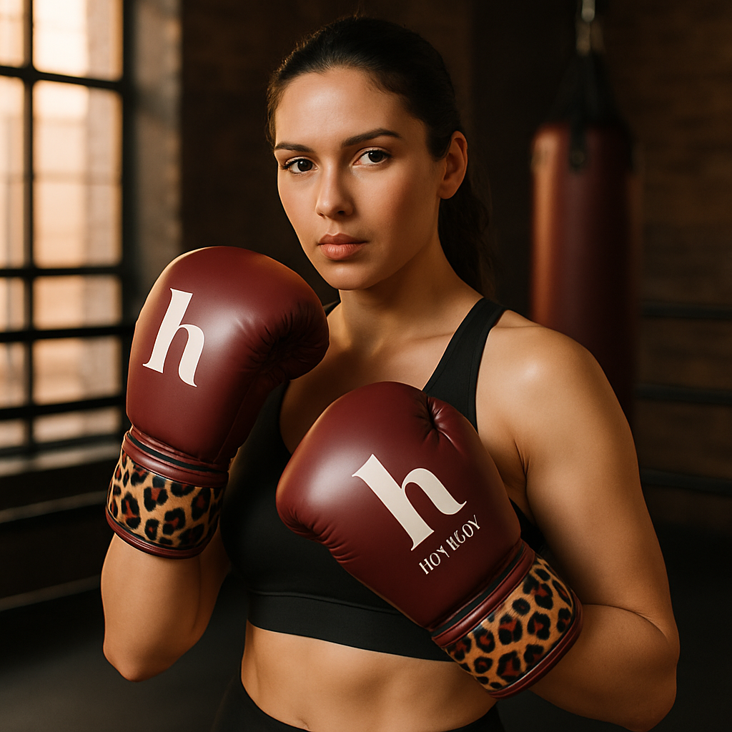 Vrouw met high-impact sport-bh boksen en Hypest bokshandschoenen tijdens kickbokstraining
