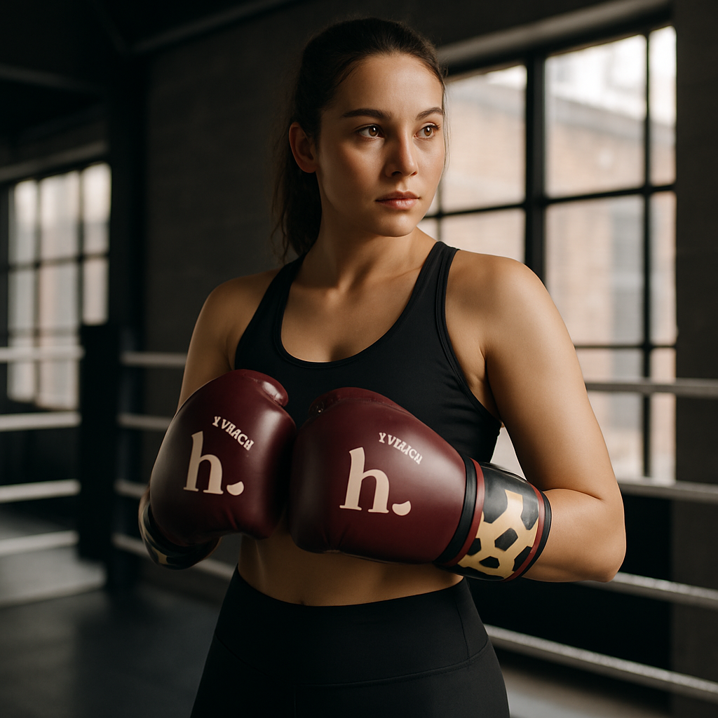 Vrouw bereidt zich zelfverzekerd voor op eerste keer sparren kickboksen met burgundy bokshandschoenen