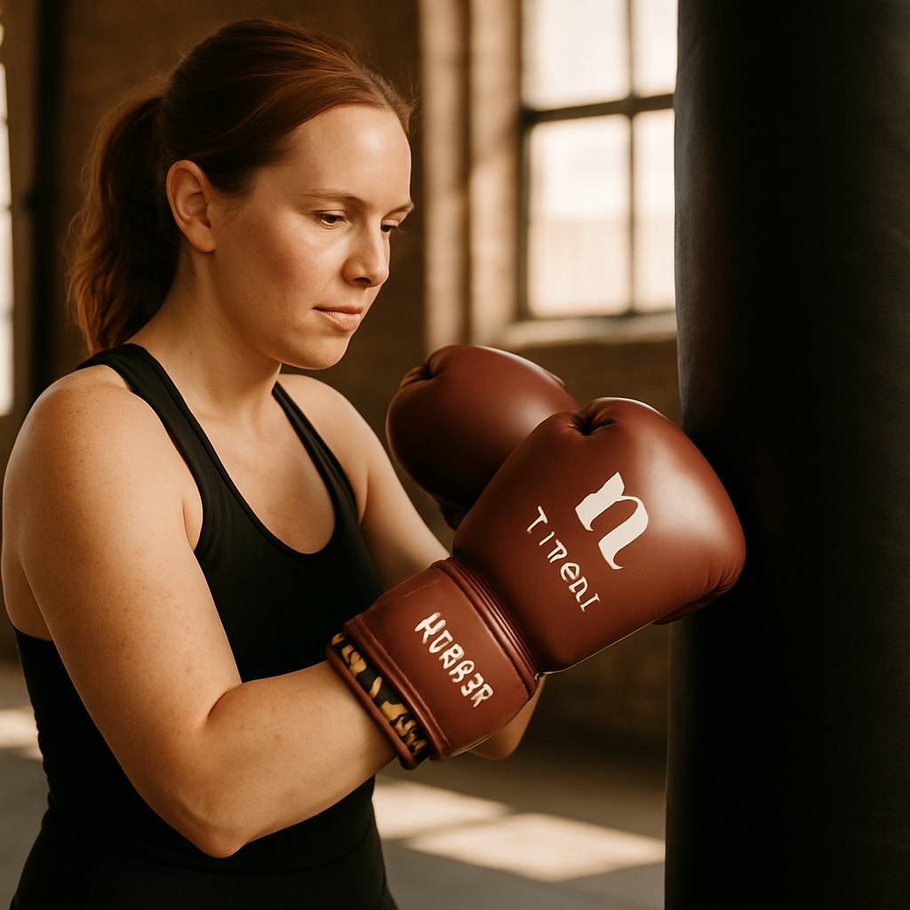Vrouw start rustig met boksen na zwangerschap met burgundy bokshandschoenen in de sportschool