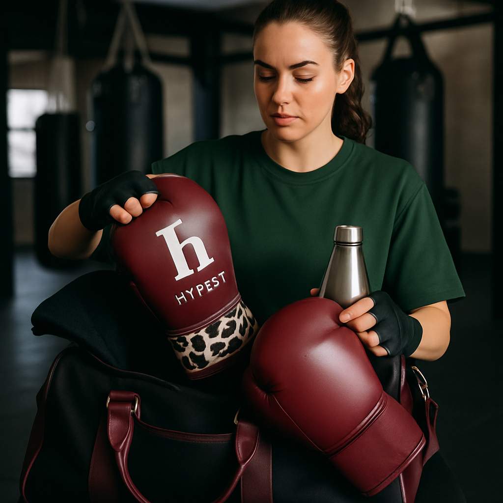 Hygiëne boksschool met frisse dames bokshandschoenen, bandages en waterfles na kickbokstraining
