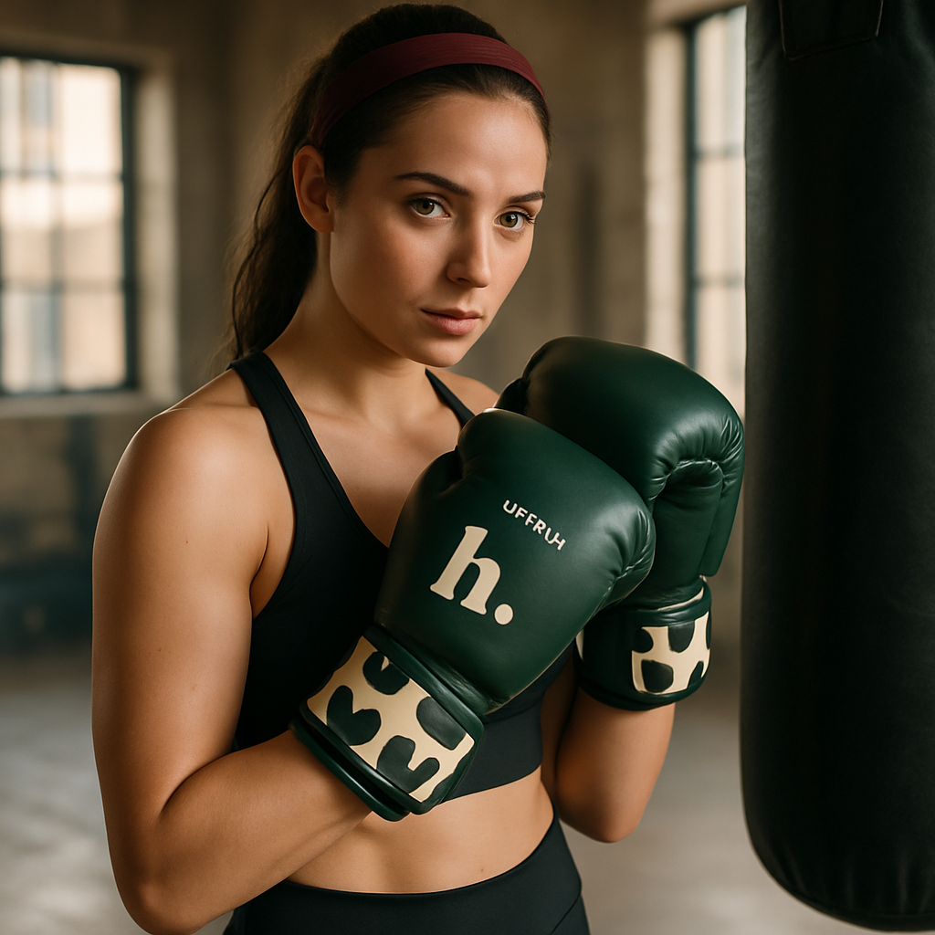 Vrouw traint kickboksen tijdens menstruatie met burgundy bokshandschoenen en zwarte sportoutfit