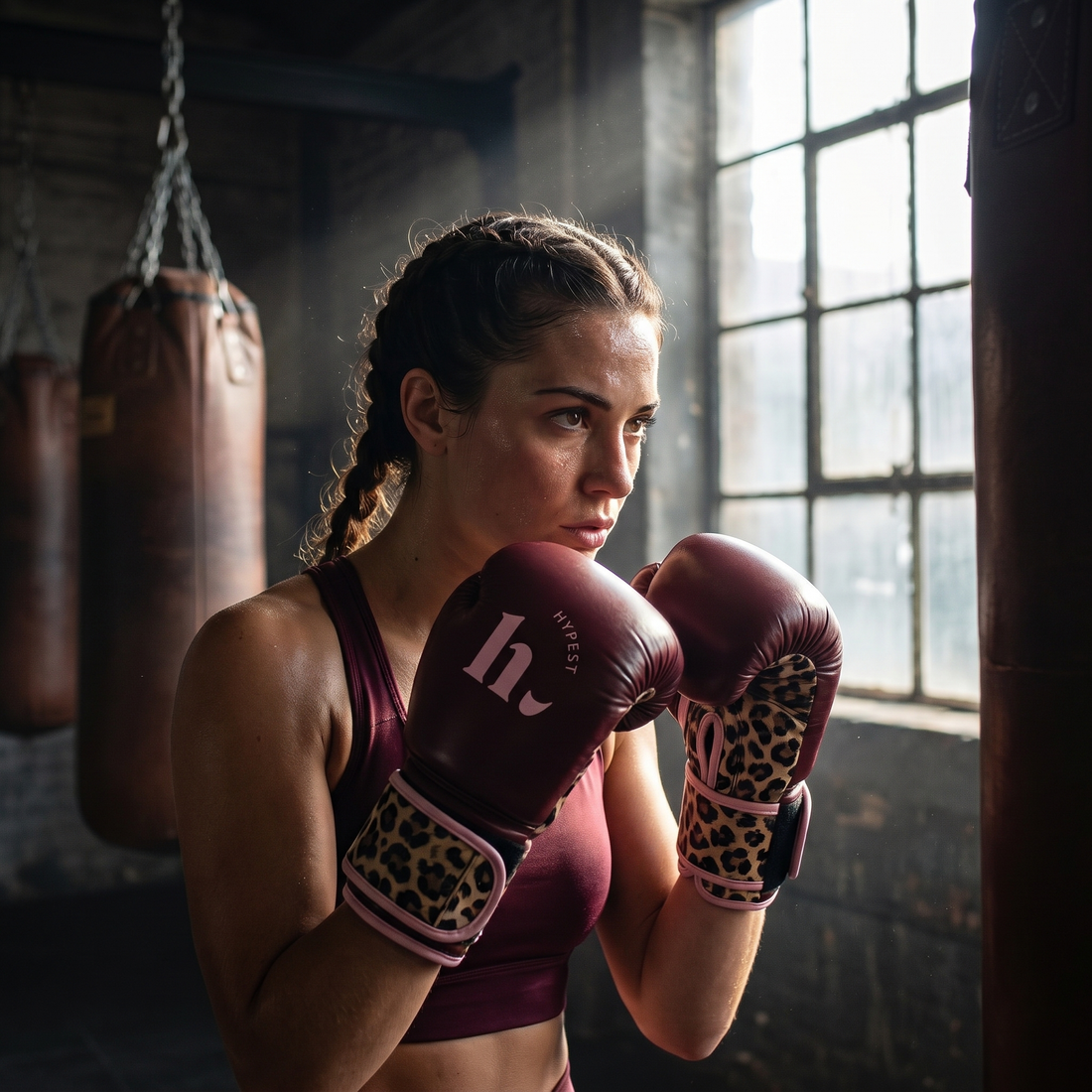 Vrouw met Hypest Burgundy Knockout bokshandschoenen in de boksschool