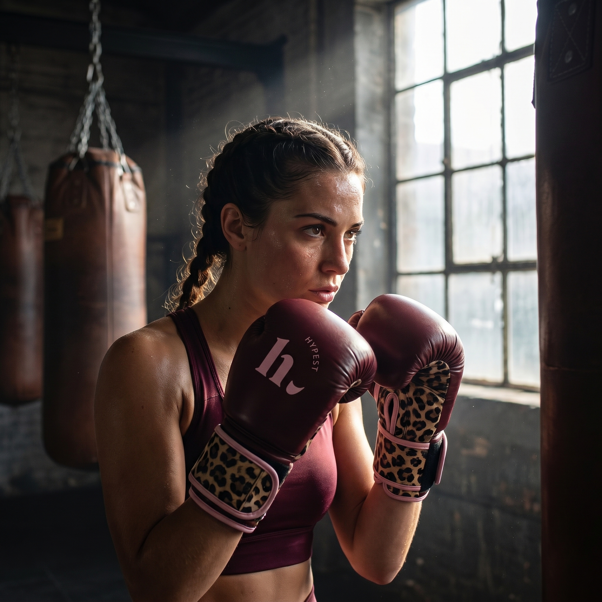 Vrouw met Hypest Burgundy Knockout bokshandschoenen in de boksschool