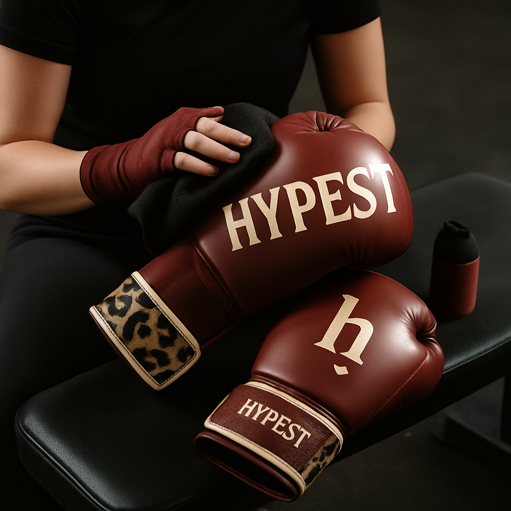Bokshandschoenen schoonmaken na kickbokstraining met doek, bandages en vochtopnemers